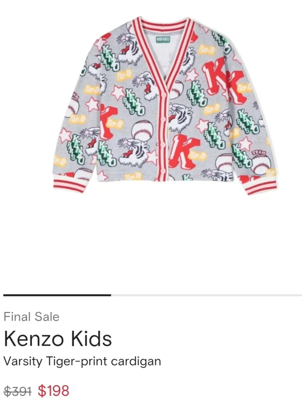 Kenzo Kids Varsity Tiger Cardigan Jacket Size 5 Designer Girls Sweatshirt Jacket